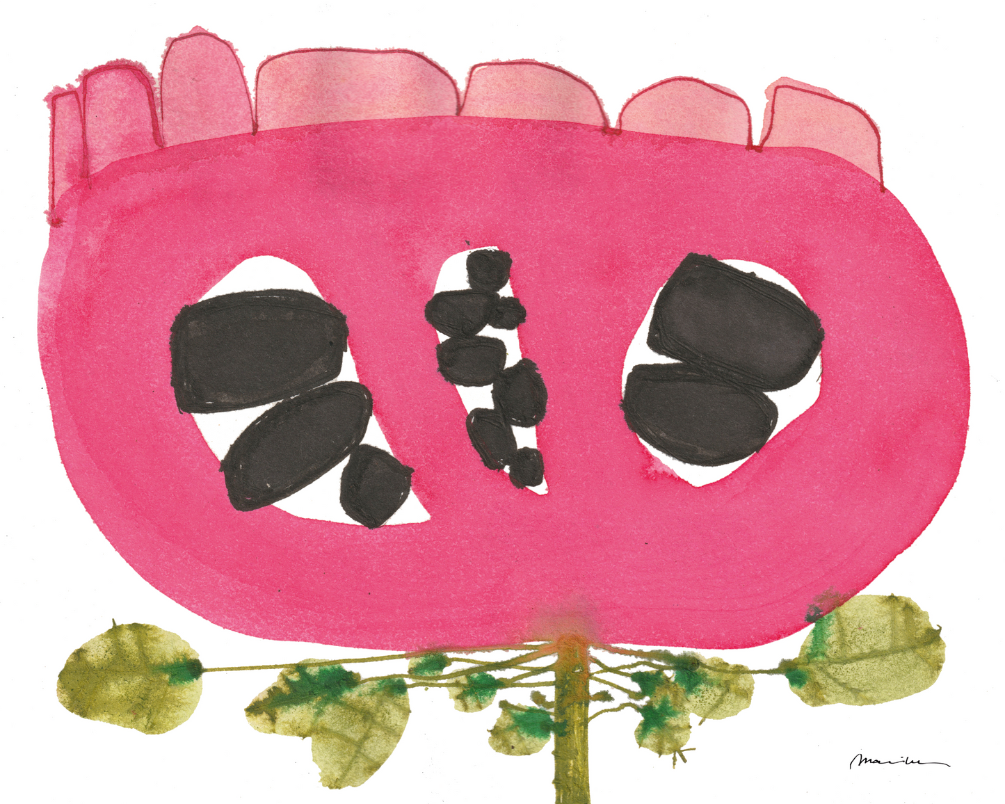 Abstract art piece with pink, black, and white shapes on a white background