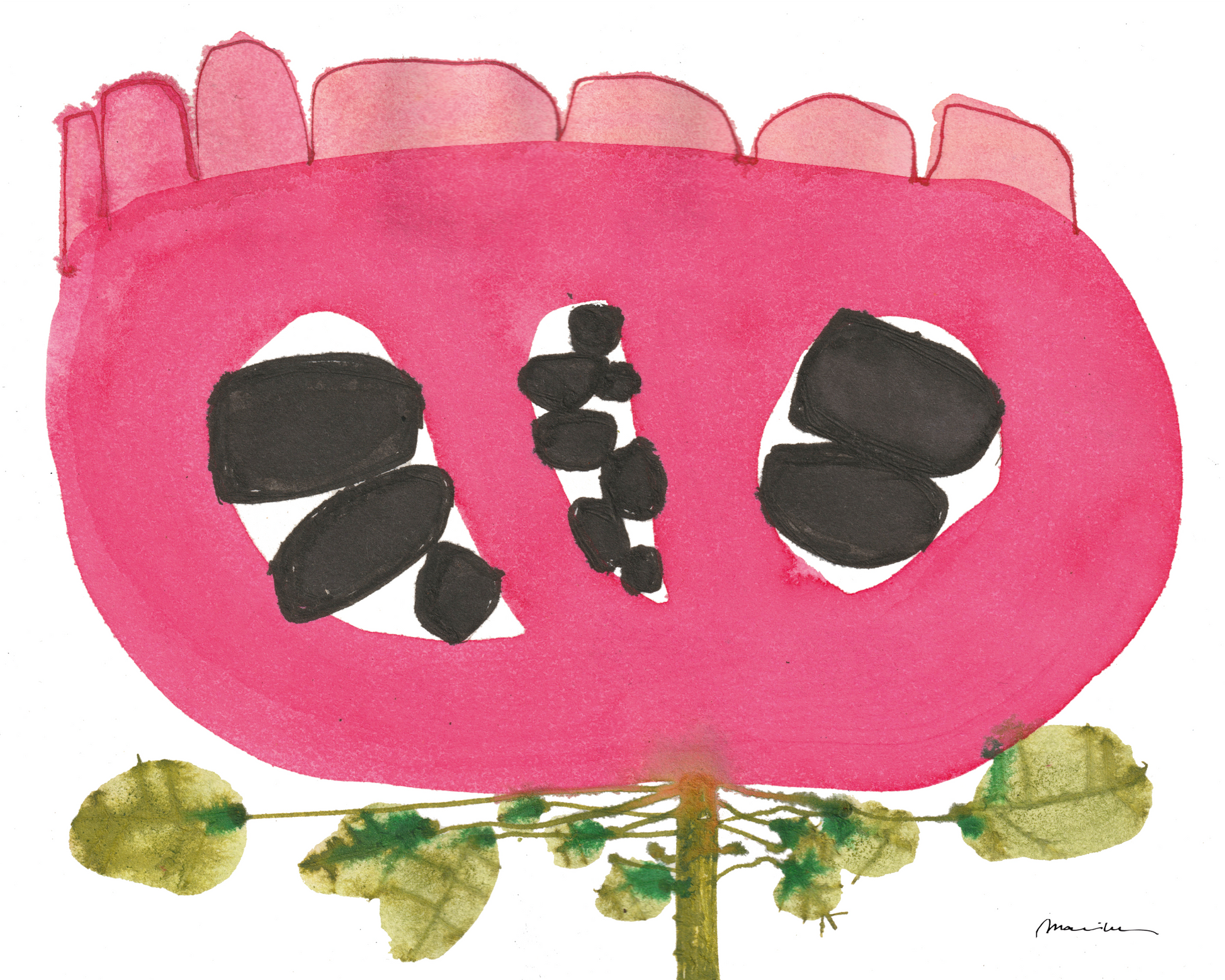 Abstract art piece with pink, black, and white shapes on a white background