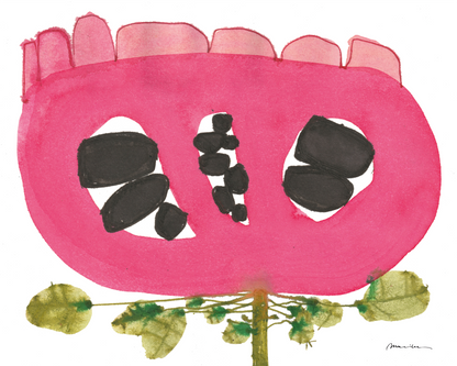 Abstract art piece with pink, black, and white shapes on a white background