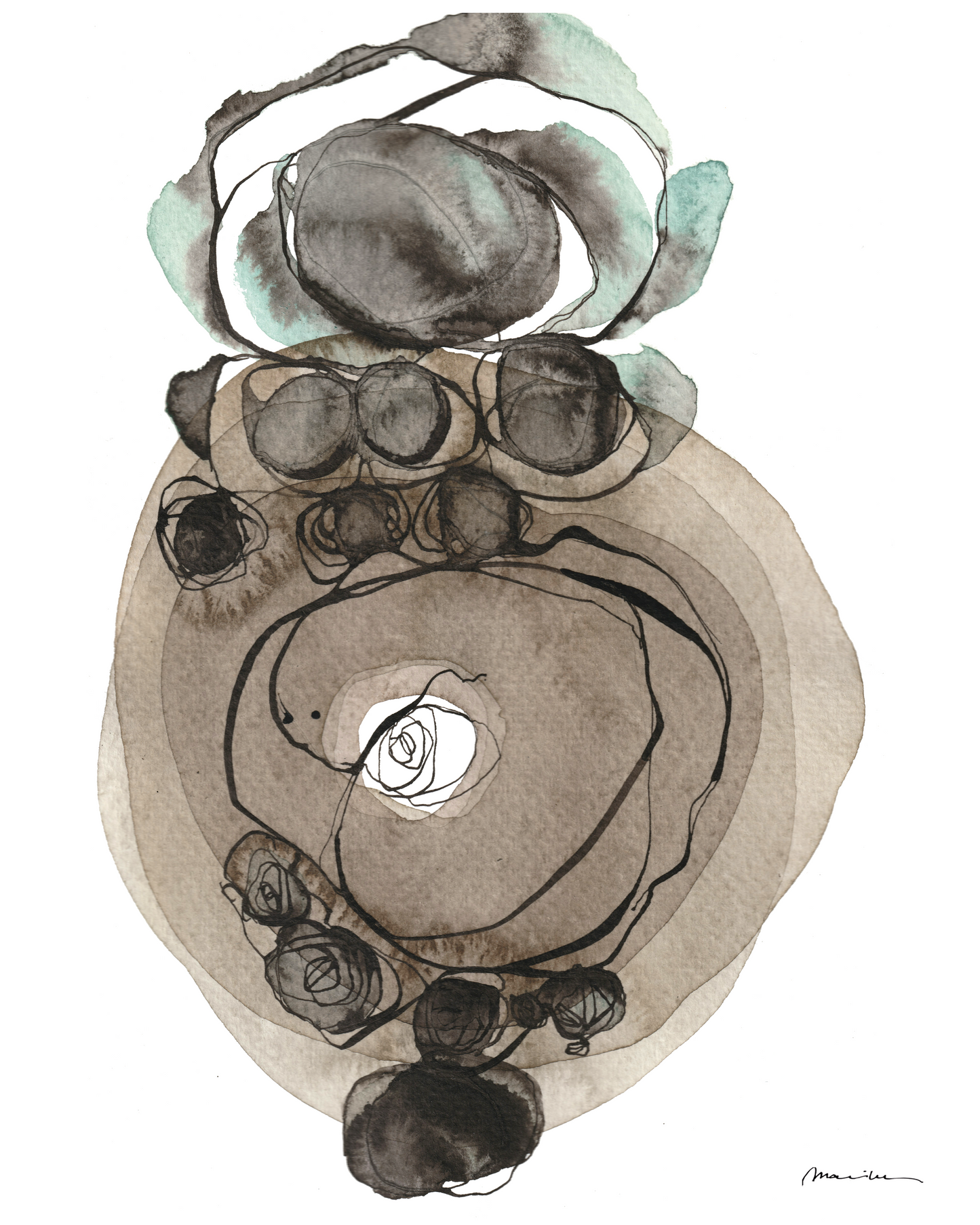 Abstract art piece with circular shapes and a central eye-like figure on a white background