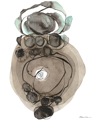 Abstract art piece with circular shapes and a central eye-like figure on a white background