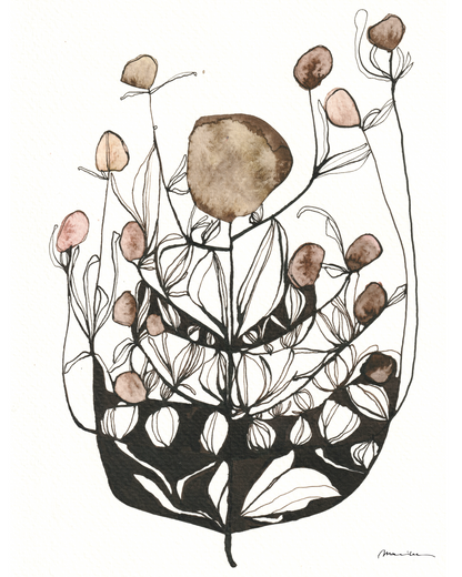 Artistic illustration of a plant with brown and pink floral elements on a white background