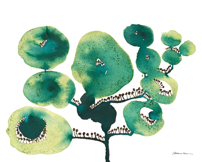 Artistic depiction of green floral shapes on a white background