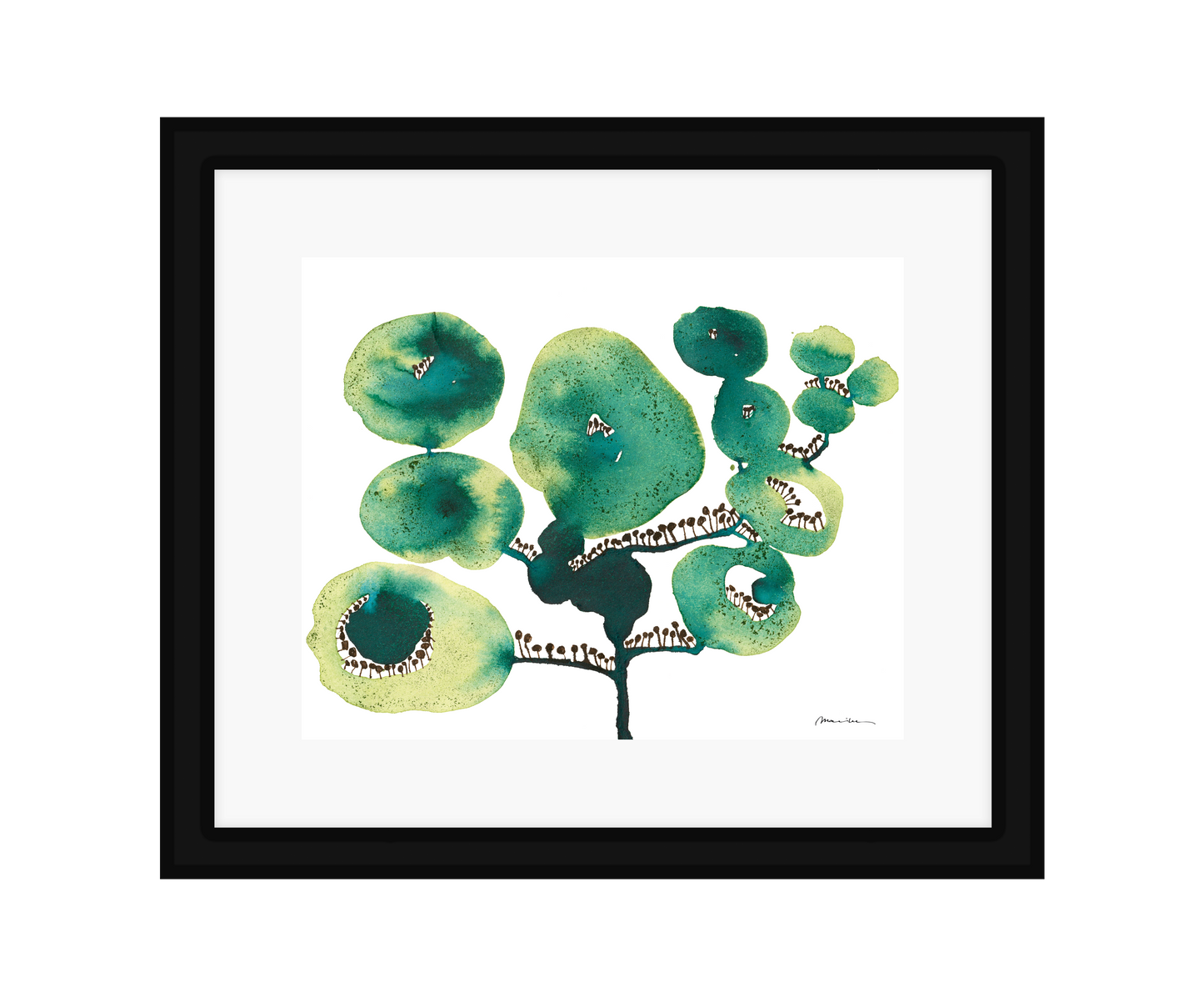 Artistic depiction of green floral shapes on a white background in a black frame
