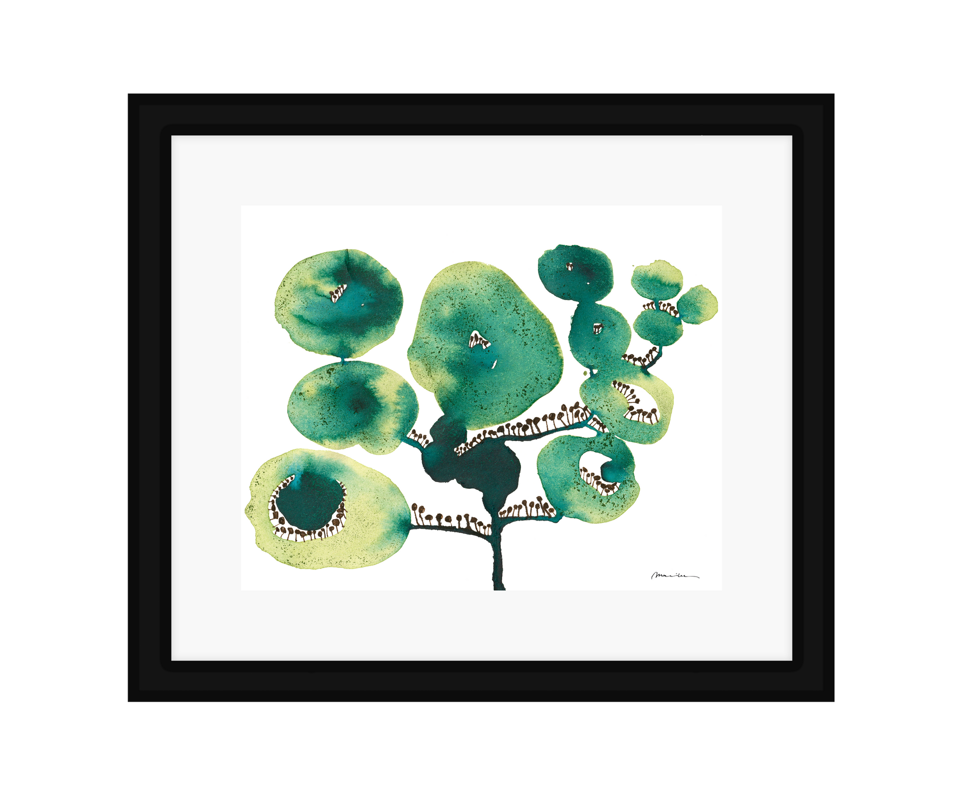 Artistic depiction of green floral shapes on a white background in a black frame