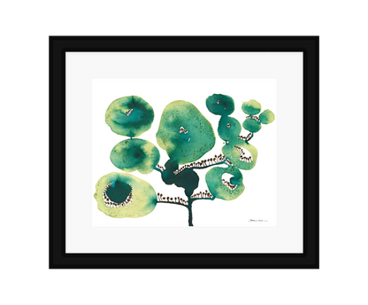 Artistic depiction of green floral shapes on a white background in a black frame