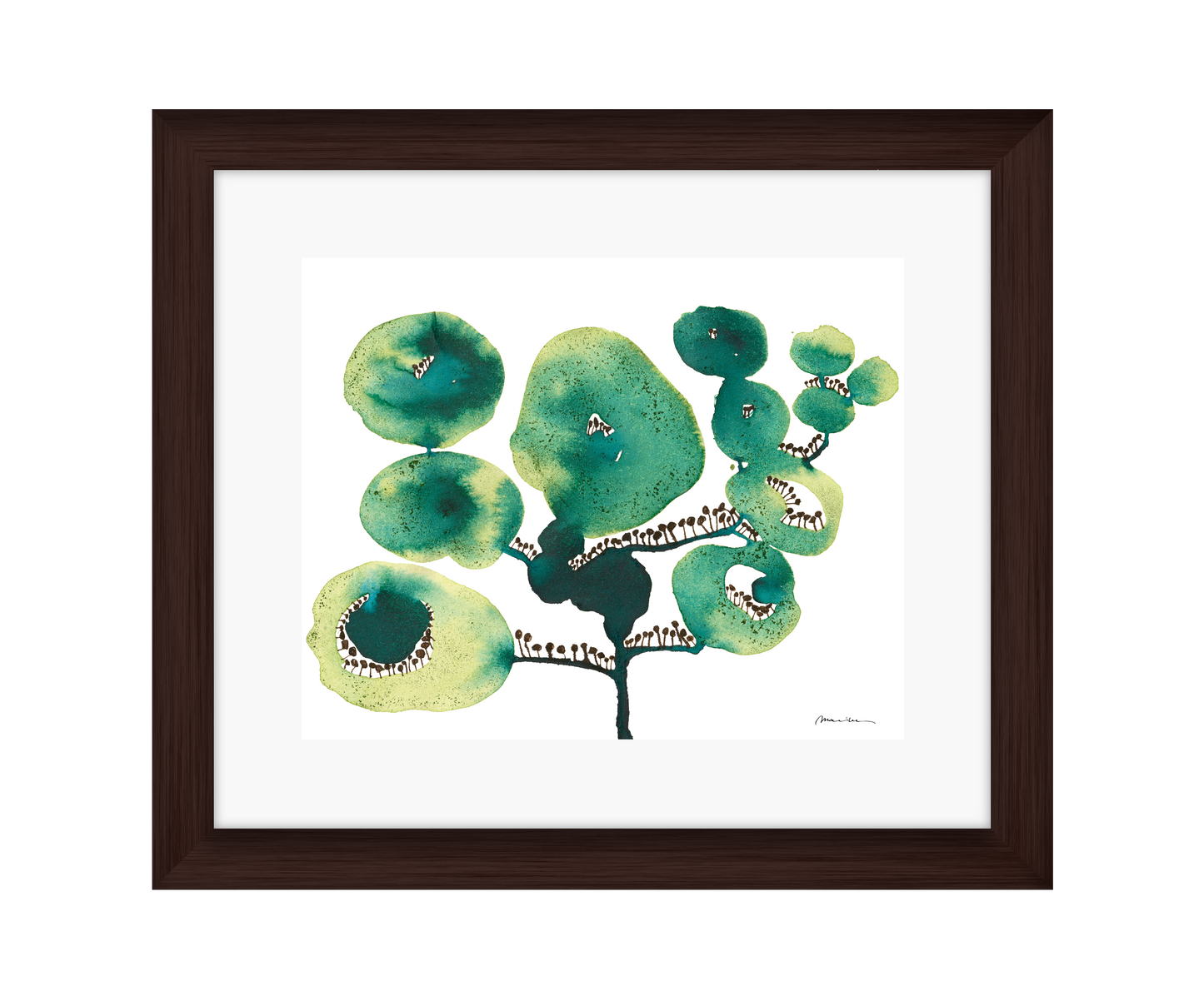 Artistic depiction of green floral shapes on a white background in a brown frame