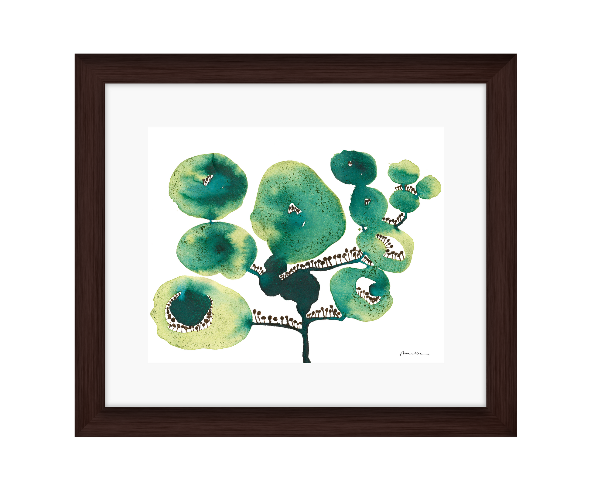 Artistic depiction of green floral shapes on a white background in a brown frame