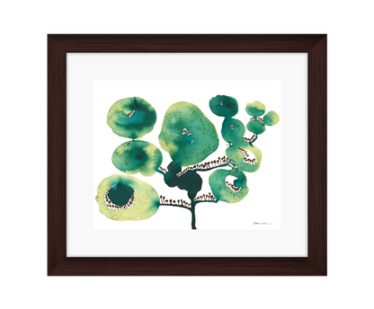 Artistic depiction of green floral shapes on a white background in a brown frame