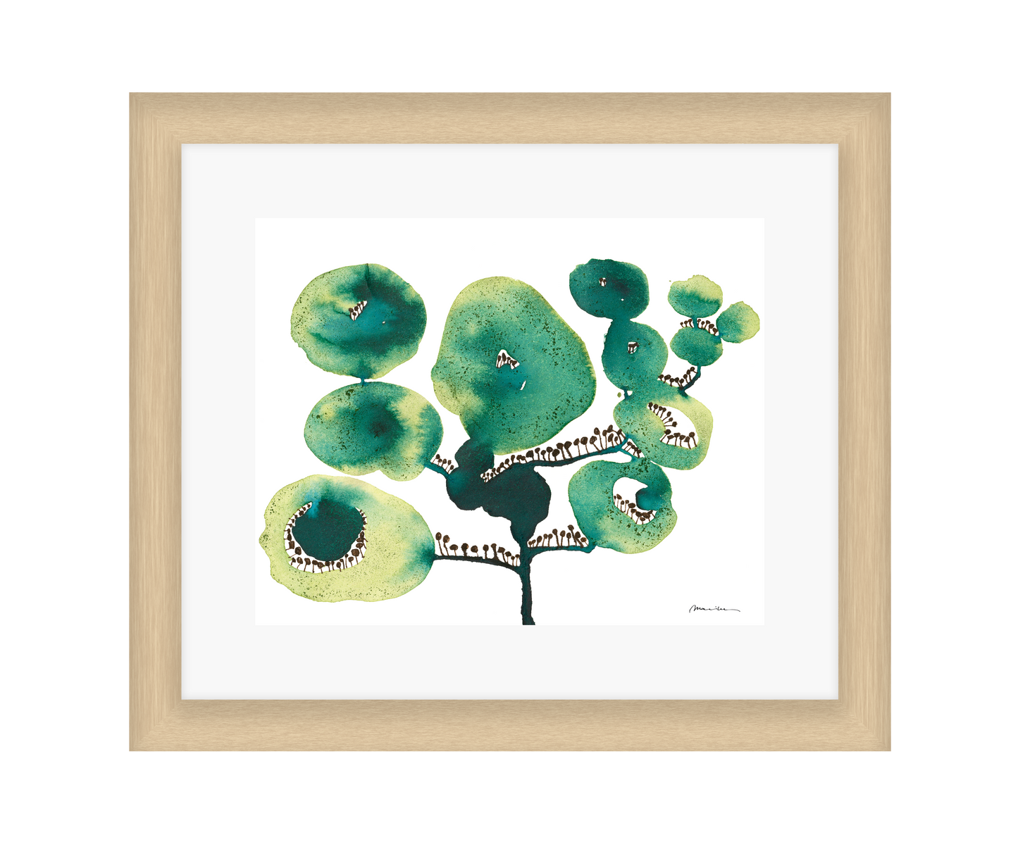 Artistic depiction of green floral shapes on a white background in a light wood frame