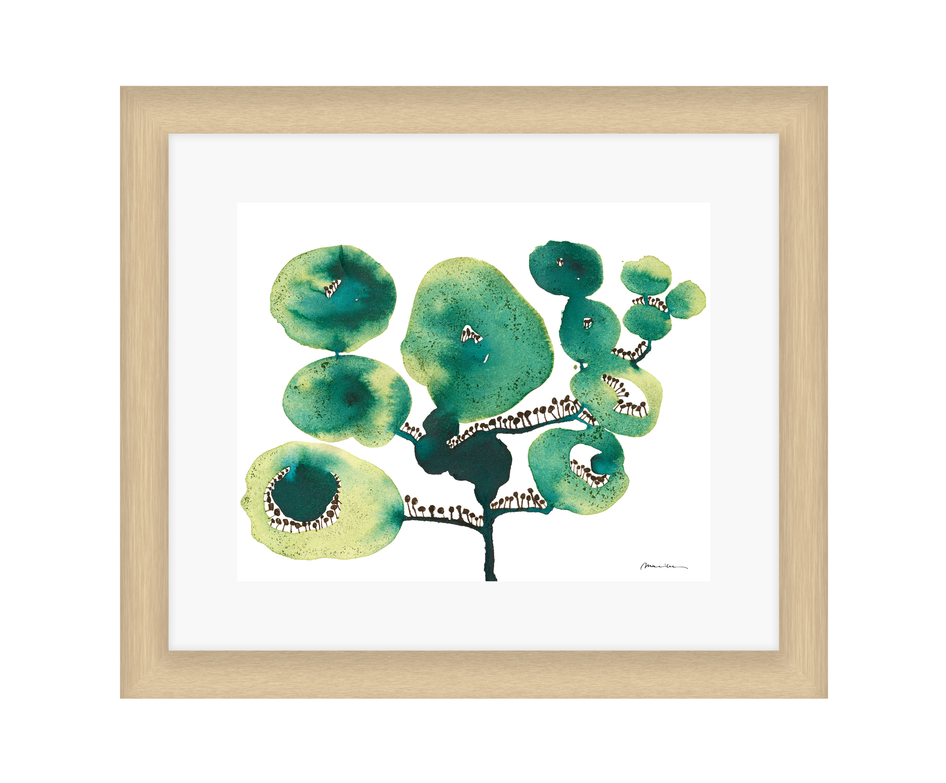 Artistic depiction of green floral shapes on a white background in a light wood frame