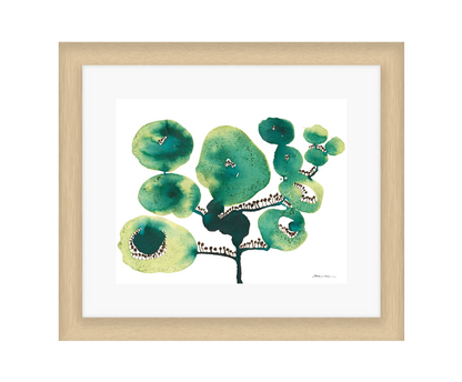 Artistic depiction of green floral shapes on a white background in a light wood frame