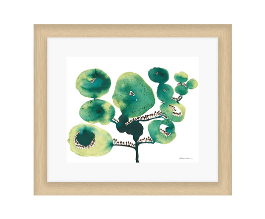 Artistic depiction of green floral shapes on a white background in a light wood frame