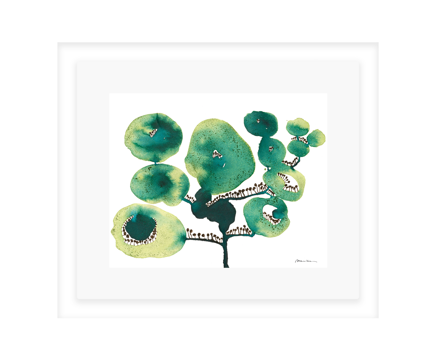Artistic depiction of green floral shapes on a white background in a white frame