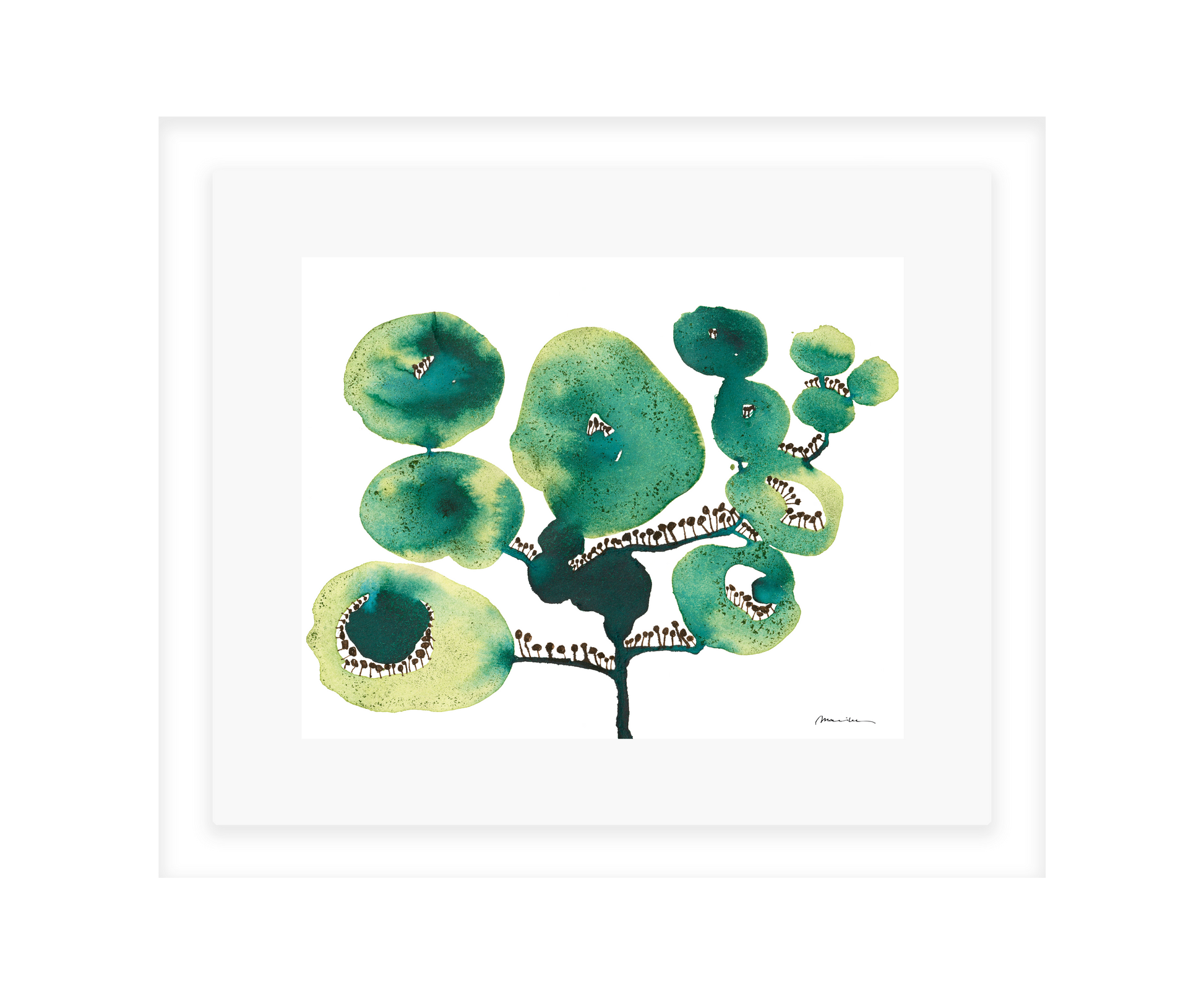 Artistic depiction of green floral shapes on a white background in a white frame