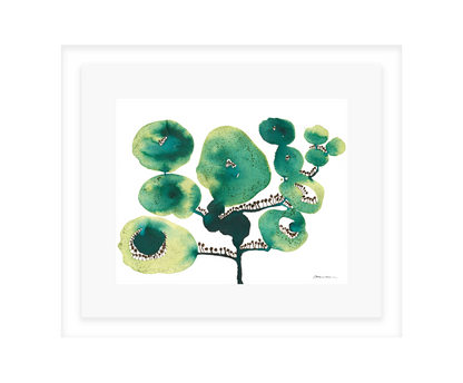 Artistic depiction of green floral shapes on a white background in a white frame