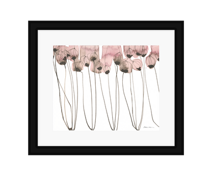 Artistic depiction of pink flowers with long stems on a white background in a black frame
