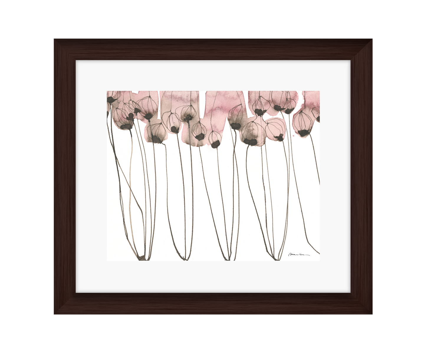 Artistic depiction of pink flowers with long stems on a white background in a brown frame