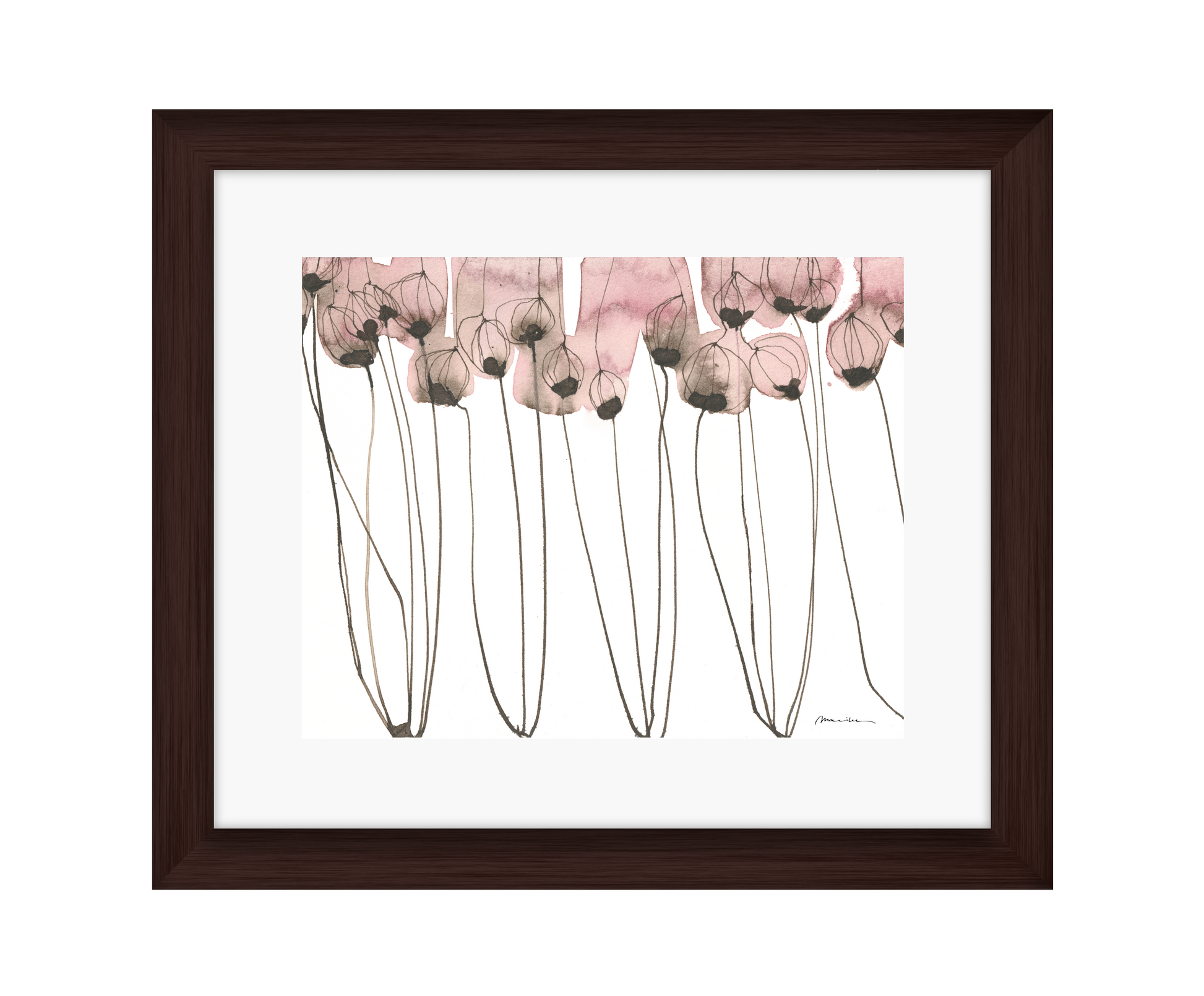 Artistic depiction of pink flowers with long stems on a white background in a brown frame