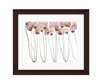 Artistic depiction of pink flowers with long stems on a white background in a brown frame