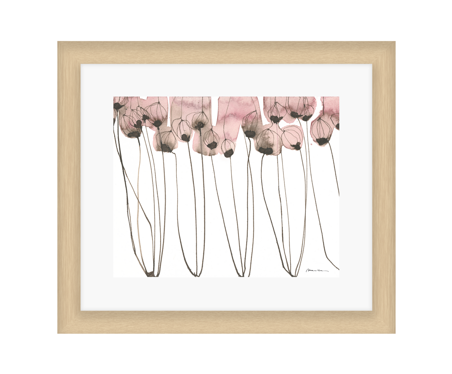 Artistic depiction of pink flowers with long stems on a white background in a light wood frame