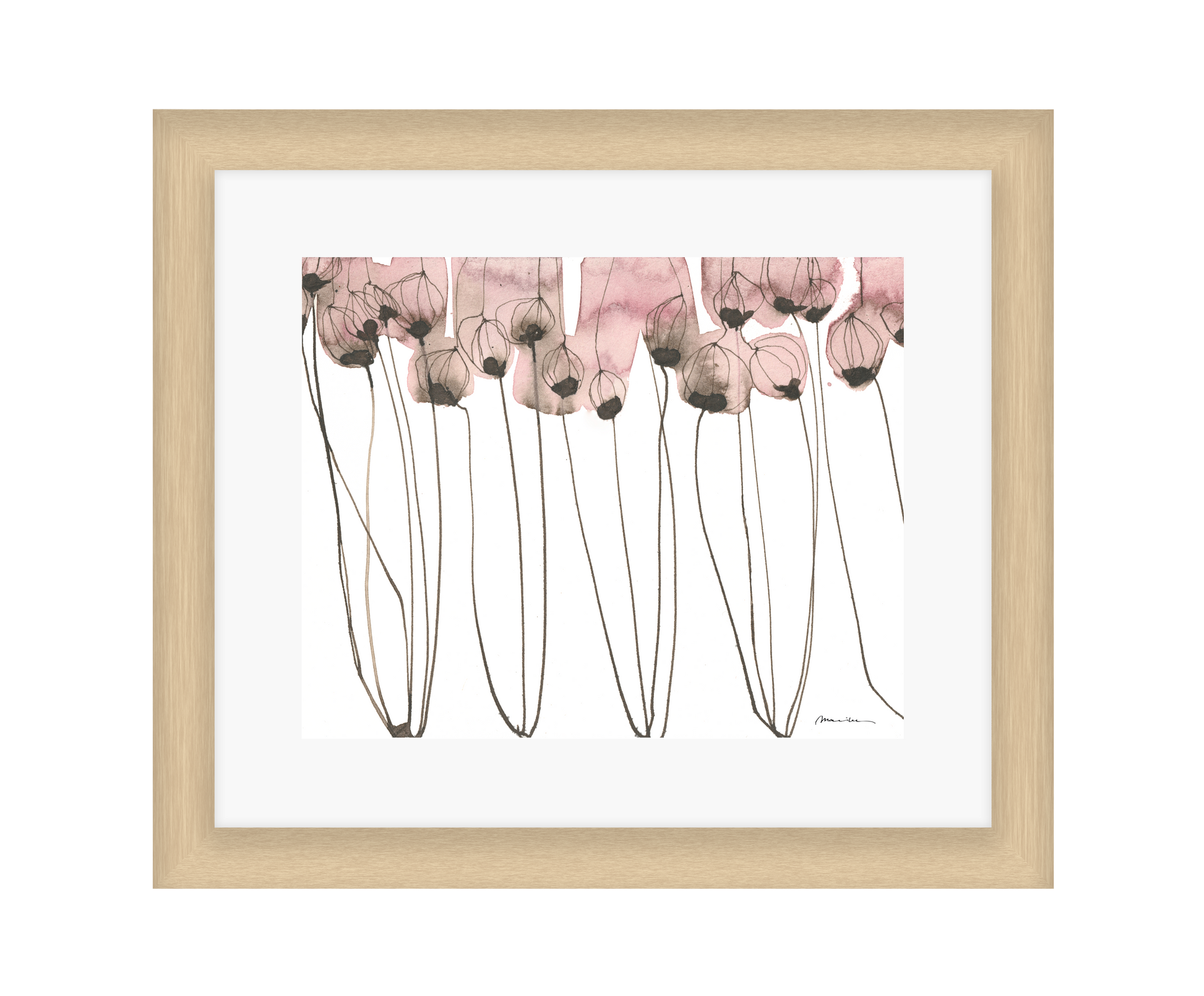 Artistic depiction of pink flowers with long stems on a white background in a light wood frame