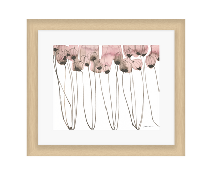Artistic depiction of pink flowers with long stems on a white background in a light wood frame