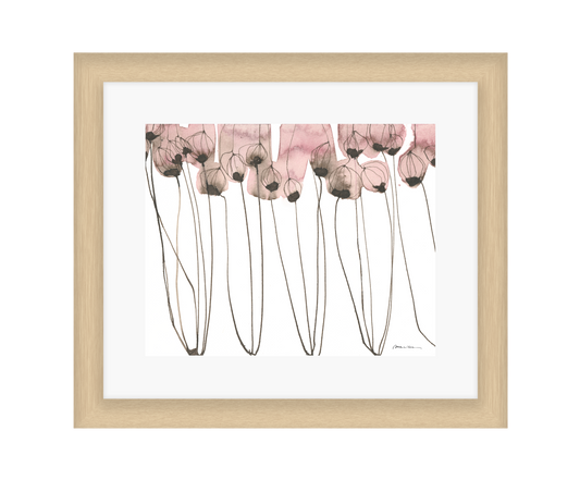Artistic depiction of pink flowers with long stems on a white background in a light wood frame