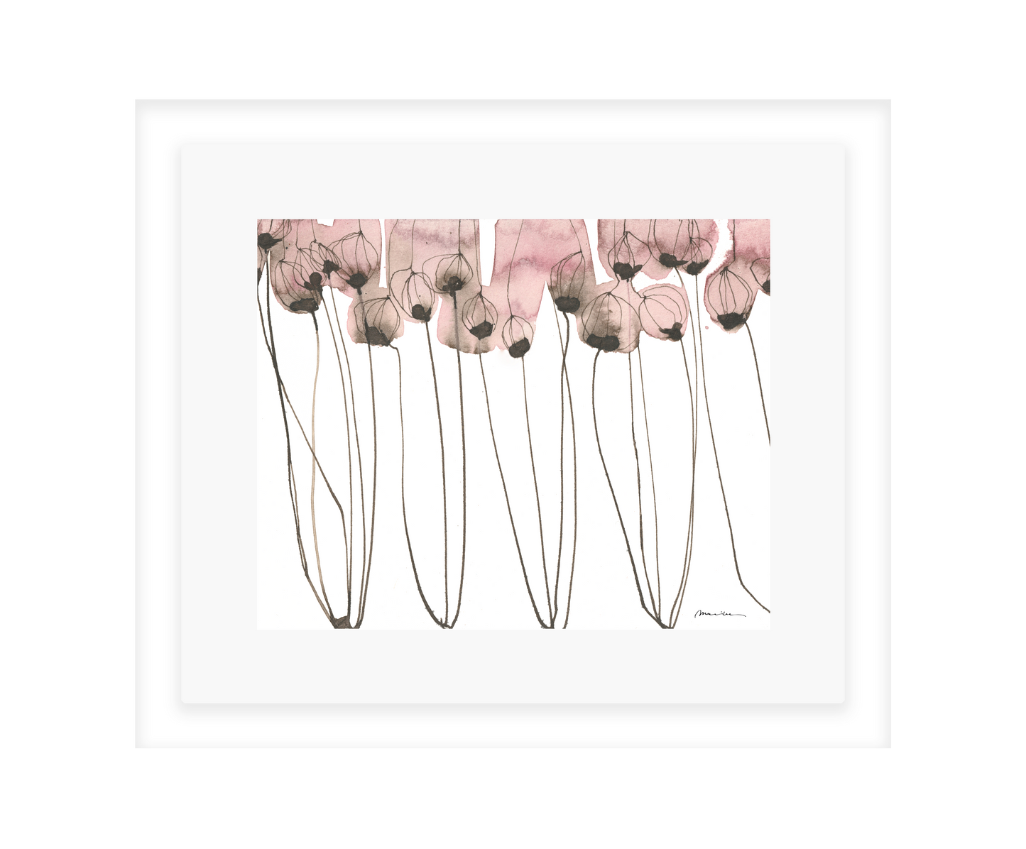 Artistic depiction of pink flowers with long stems on a white background in a white frame