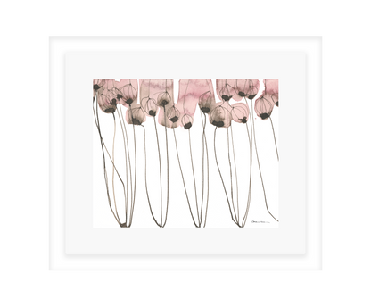 Artistic depiction of pink flowers with long stems on a white background in a white frame