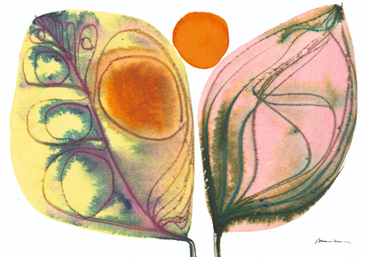 Artistic depiction of two leaves with abstract patterns on a white background