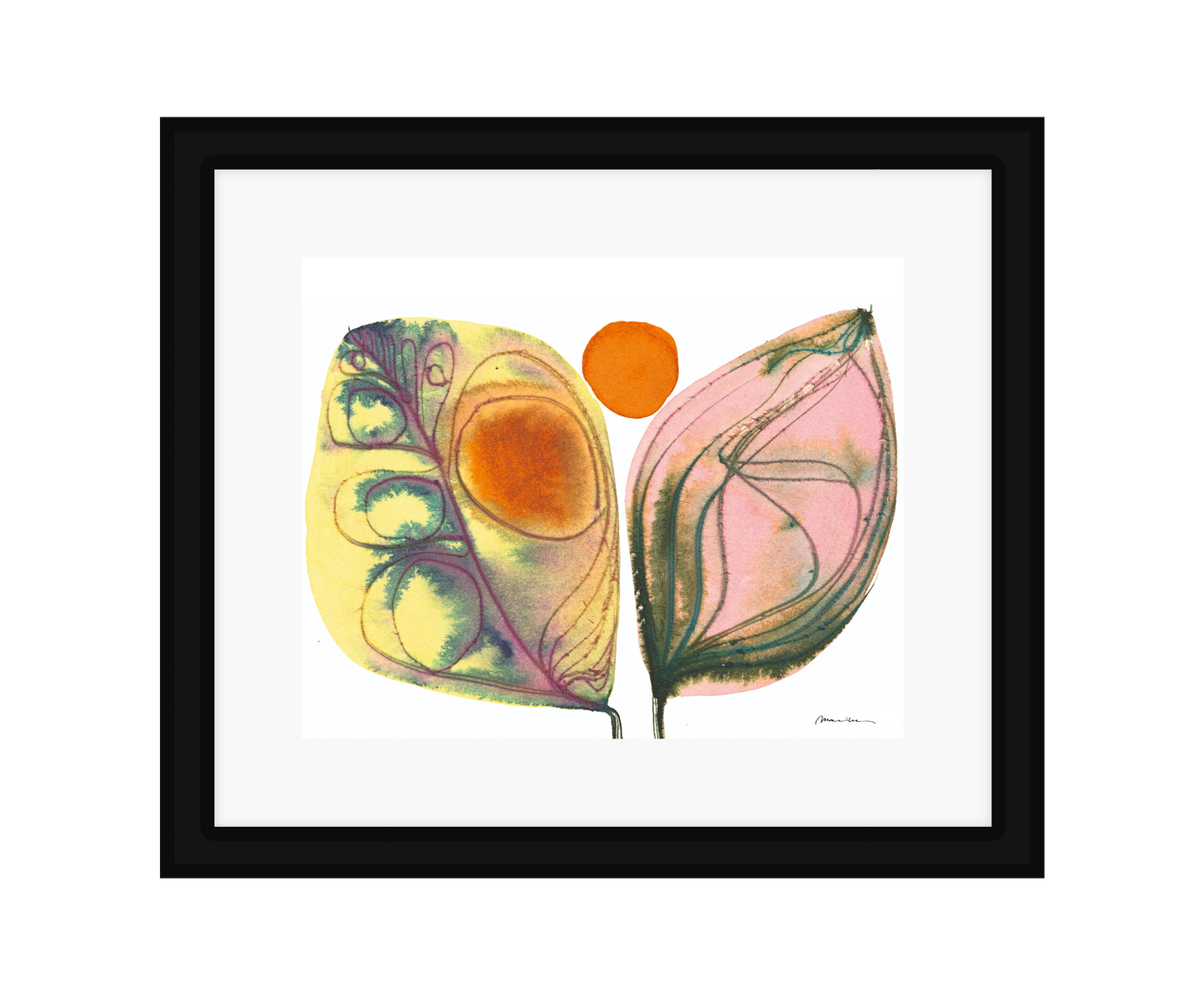 Framed artwork of two stylized leaves with a circular orange center on a white background in a black frame