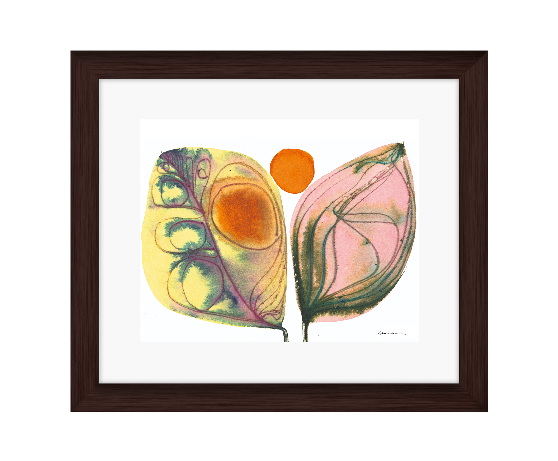 Framed artwork of two stylized leaves with a central orange circle on a white background in a brown frame