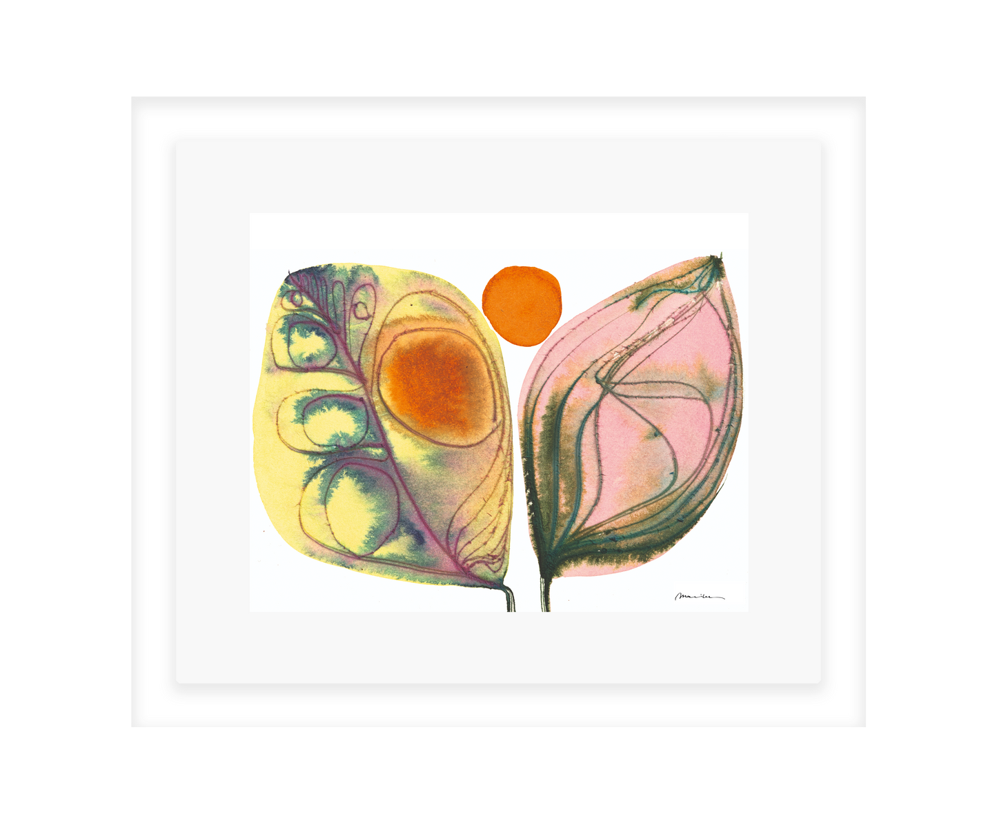 Artistic depiction of two leaves with abstract patterns on a white background in a white frame