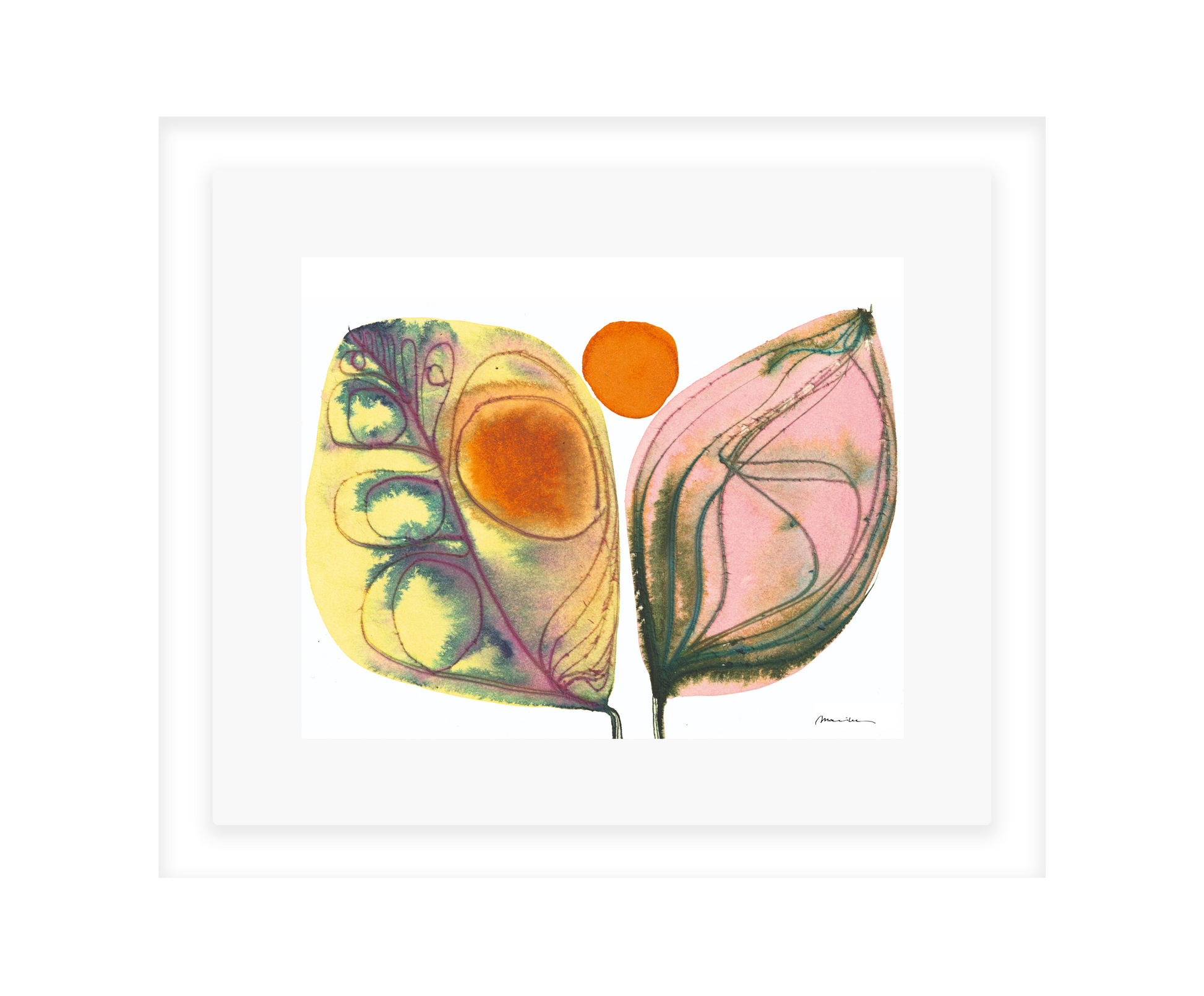 Artistic depiction of two leaves with abstract patterns on a white background in a white frame