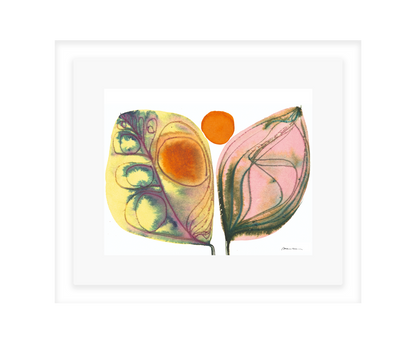 Artistic depiction of two leaves with abstract patterns on a white background in a white frame