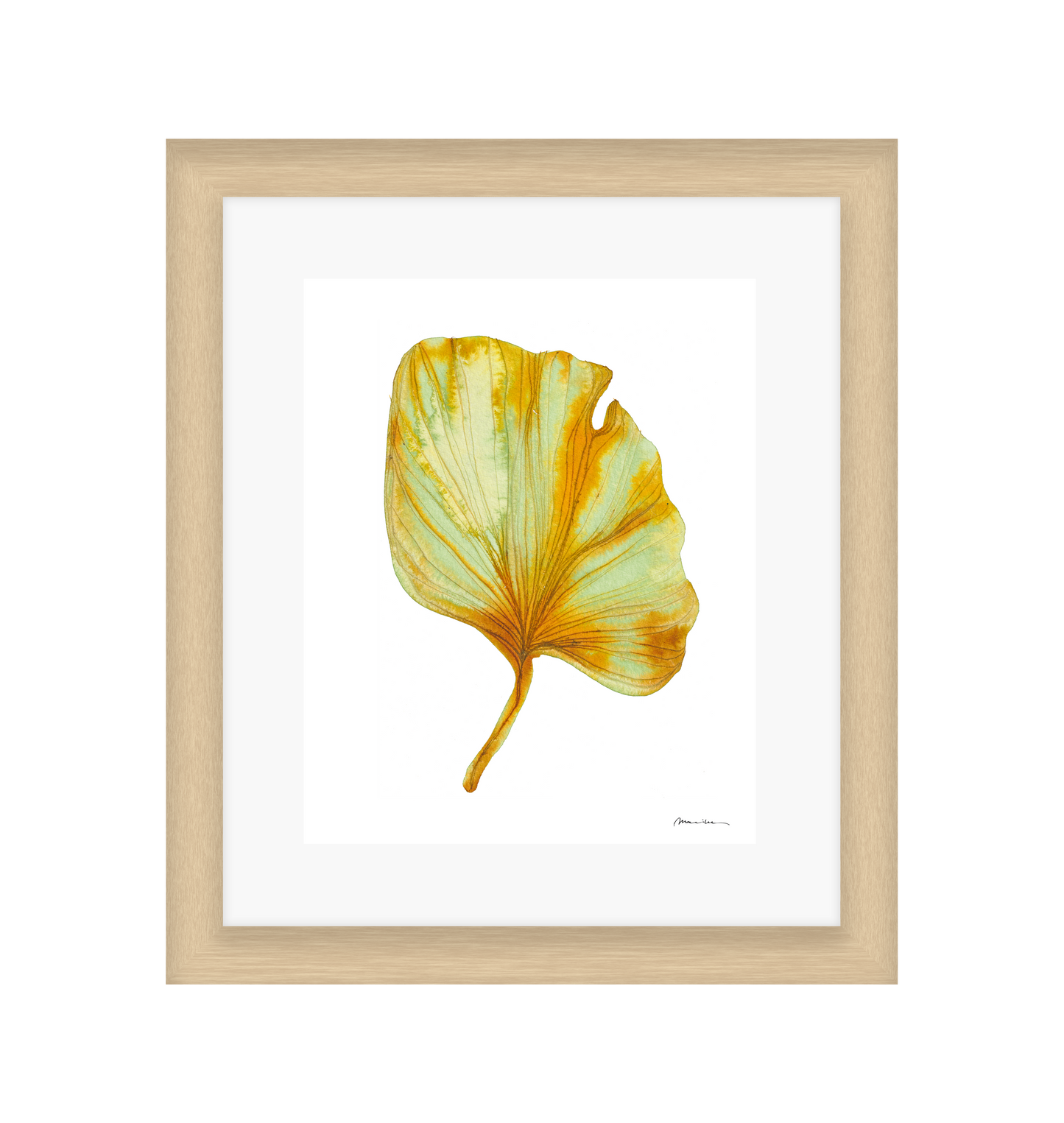 Artistic depiction of a yellow and green leaf on a white background in a light wood frame