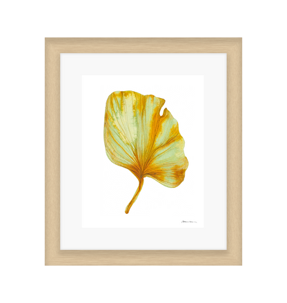 Artistic depiction of a yellow and green leaf on a white background in a light wood frame