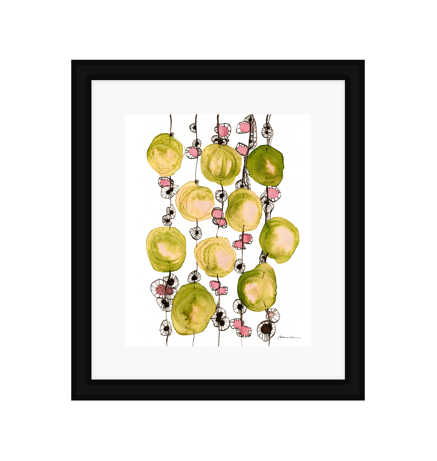 Framed artwork of colorful abstract design on a white background in a black frame