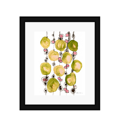 Framed artwork of colorful abstract design on a white background in a black frame