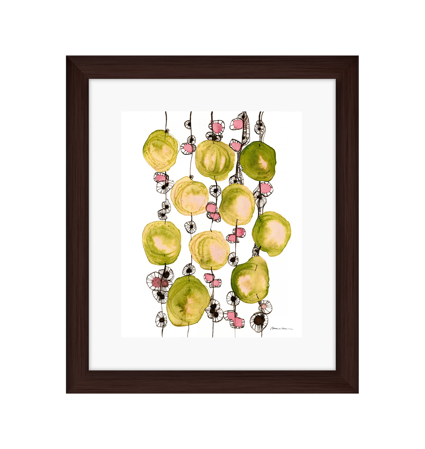 Framed artwork of colorful abstract design on a white background in a brown frame