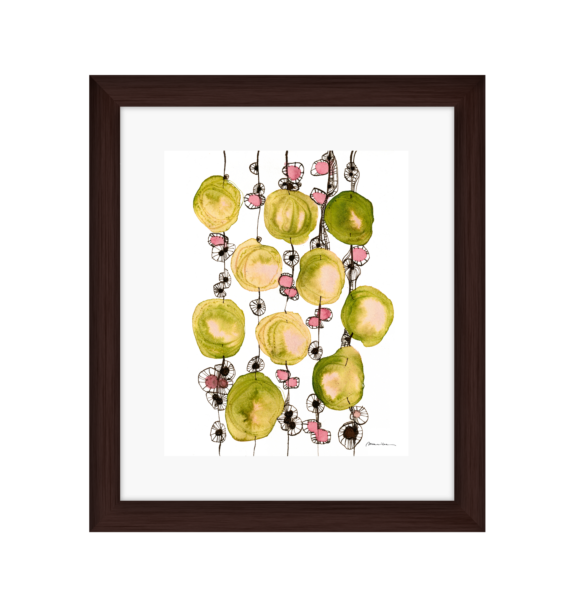 Framed artwork of colorful abstract design on a white background in a brown frame