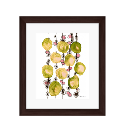 Framed artwork of colorful abstract design on a white background in a brown frame