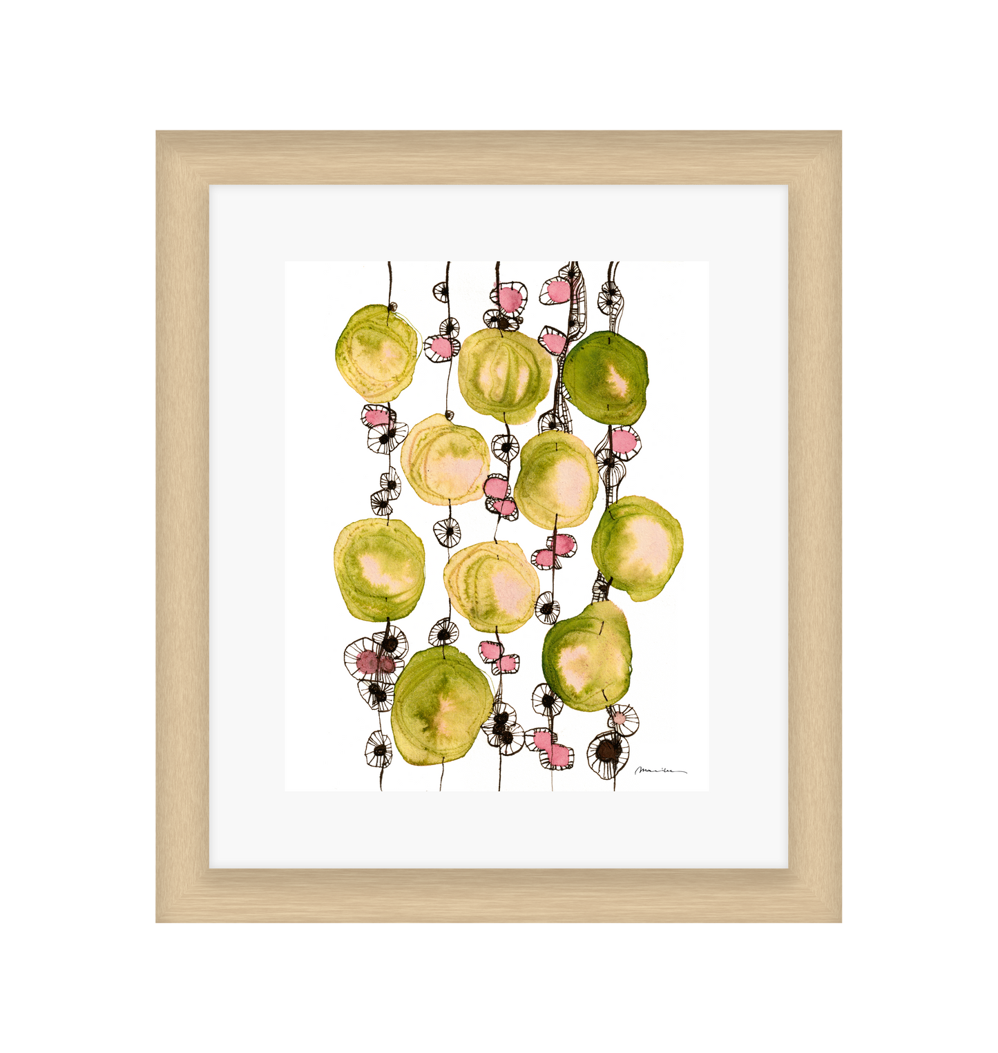 Framed artwork of colorful abstract design on a white background in a light wood frame