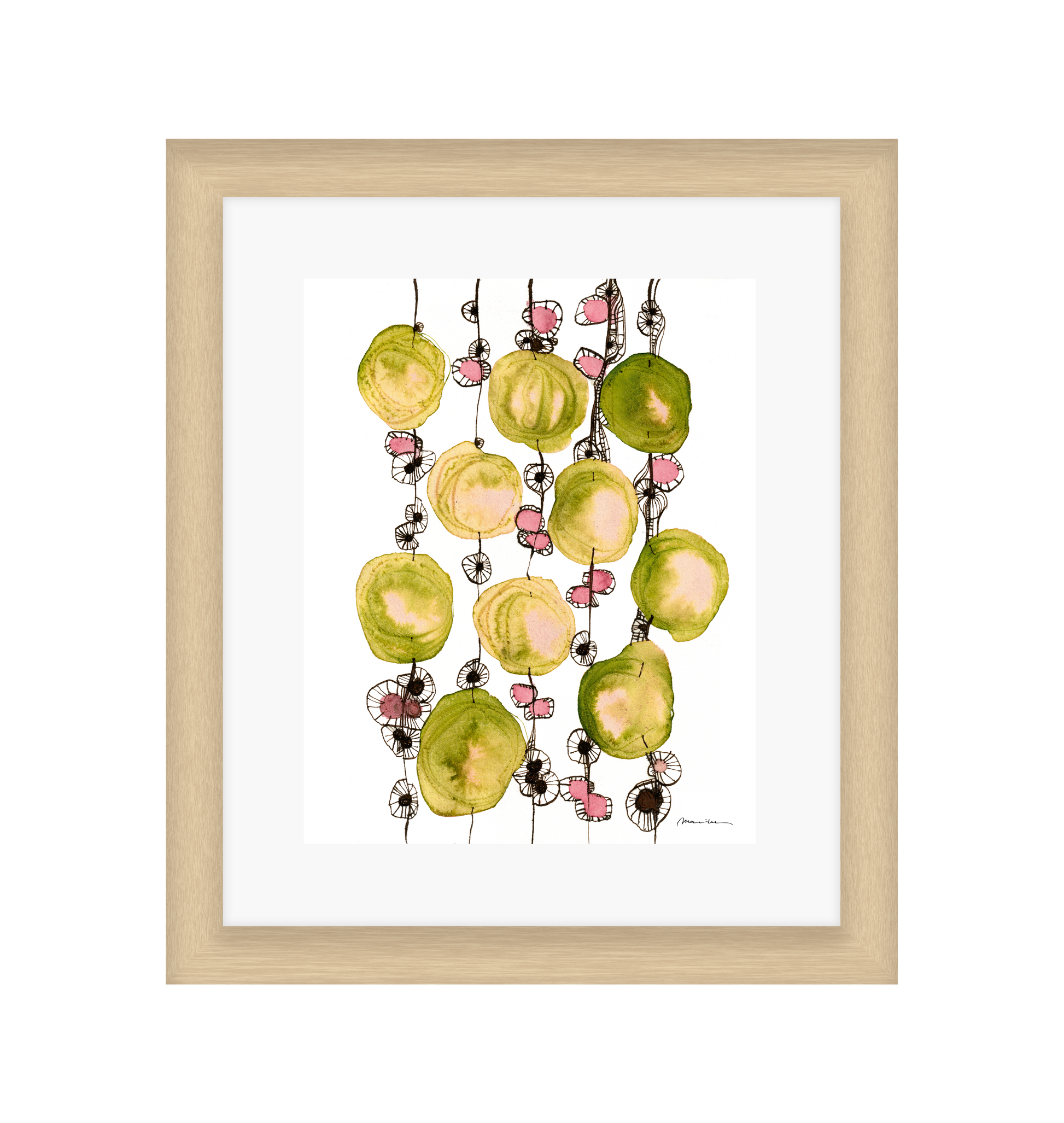 Framed artwork of colorful abstract design on a white background in a light wood frame