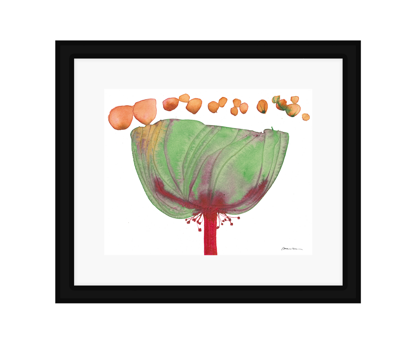 Framed artwork of a colorful abstract design on a white background in a black frame