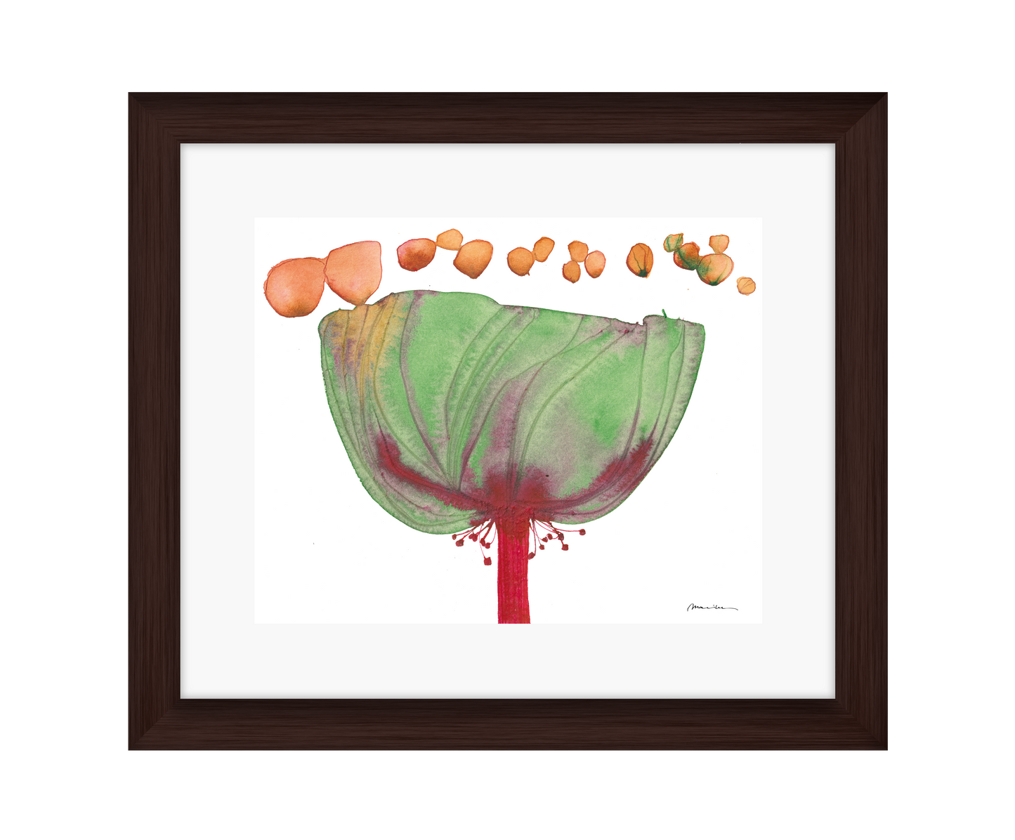 Framed artwork of a stylized flower with green petals and red center on a white background in a brown frame
