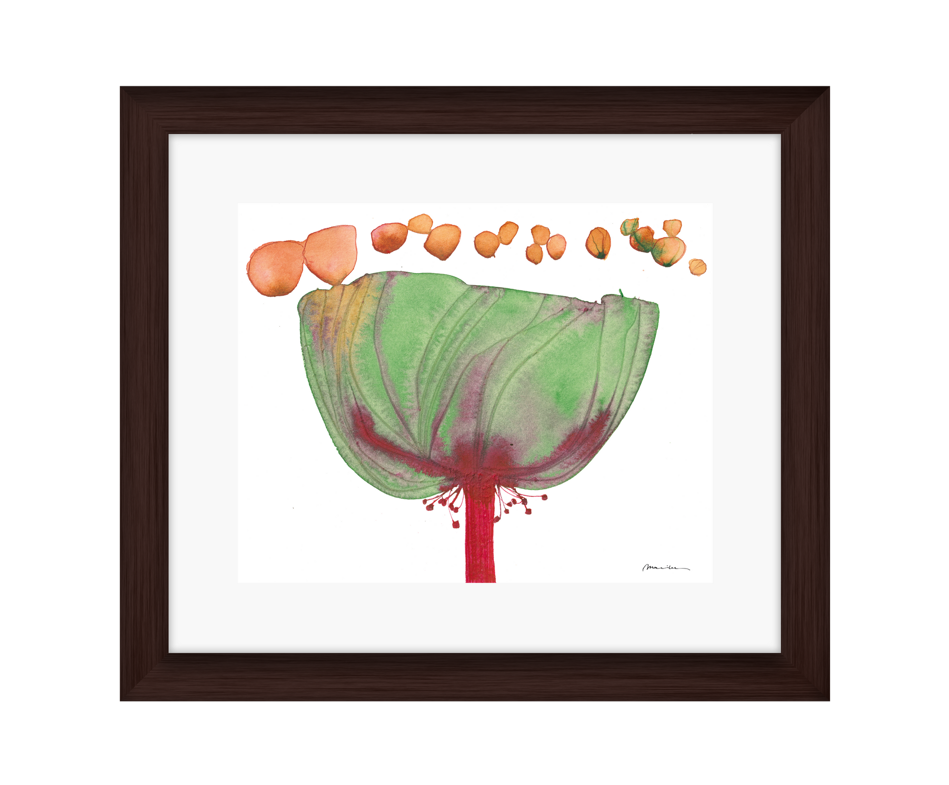 Framed artwork of a stylized flower with green petals and red center on a white background in a brown frame