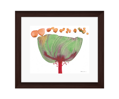 Framed artwork of a stylized flower with green petals and red center on a white background in a brown frame