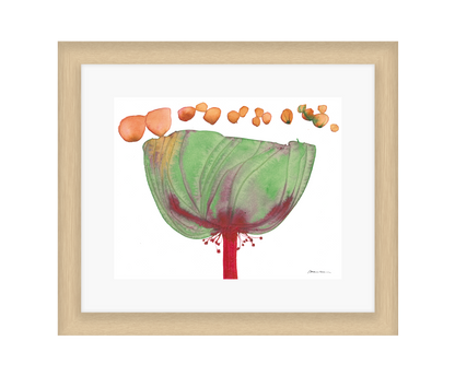 Framed artwork of a stylized flower with green petals and red center on a white background